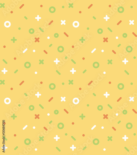 Geometric pattern with circles, dotes, pluses and crosses. Yellow background for the cover of the Memphis style or background