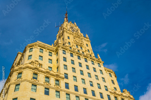 Exterior of the Telefonica Building in Madrid. Completed on March 1929, it was the first skyscraper in Europe.