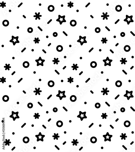 Geometric pattern with circles, stars, dotes, pluses and crosses. Black and white holyday background for the cover of the Memphis style or background