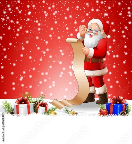 Christmas background with Santa Claus reading a long list of gifts 