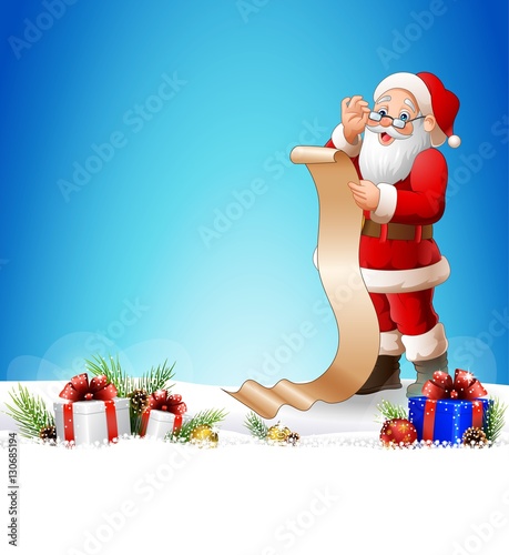 Christmas background with Santa Claus reading a long list of gifts 