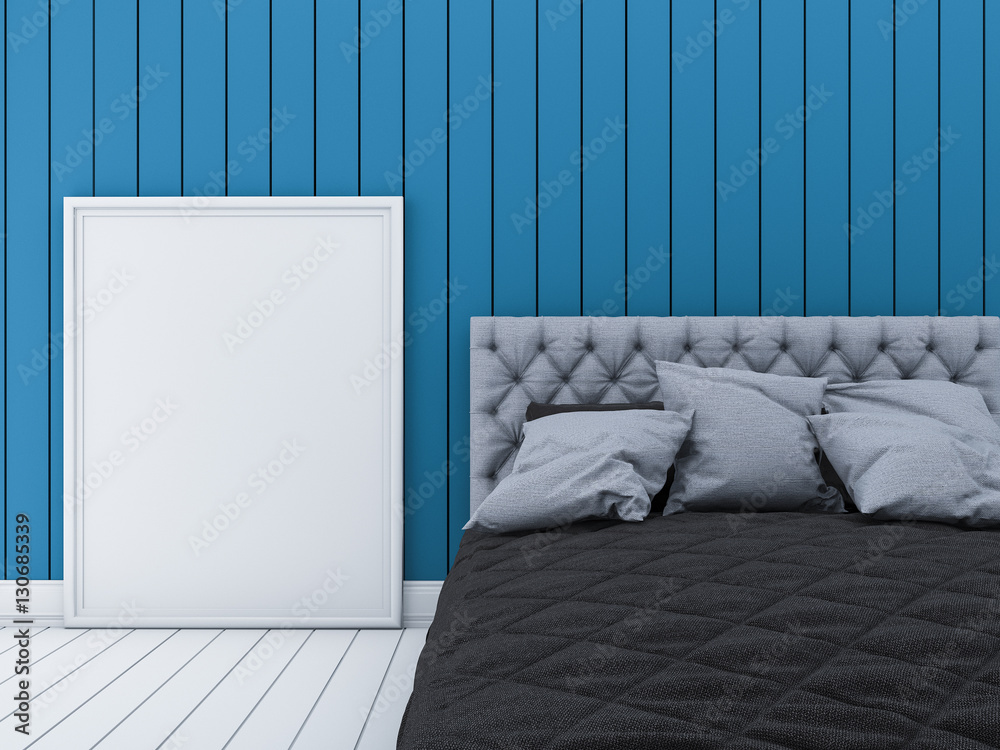 3d rendering blue modern wall bed room with picture frame Stock