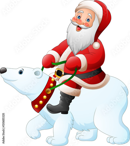 Cartoon Santa Claus riding polar bear 