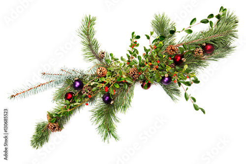 Garland with red and purple baubles and Pacific Northwest foliage - pine & spruce branches and Common Bearberry/Kinnikinnick	 photo