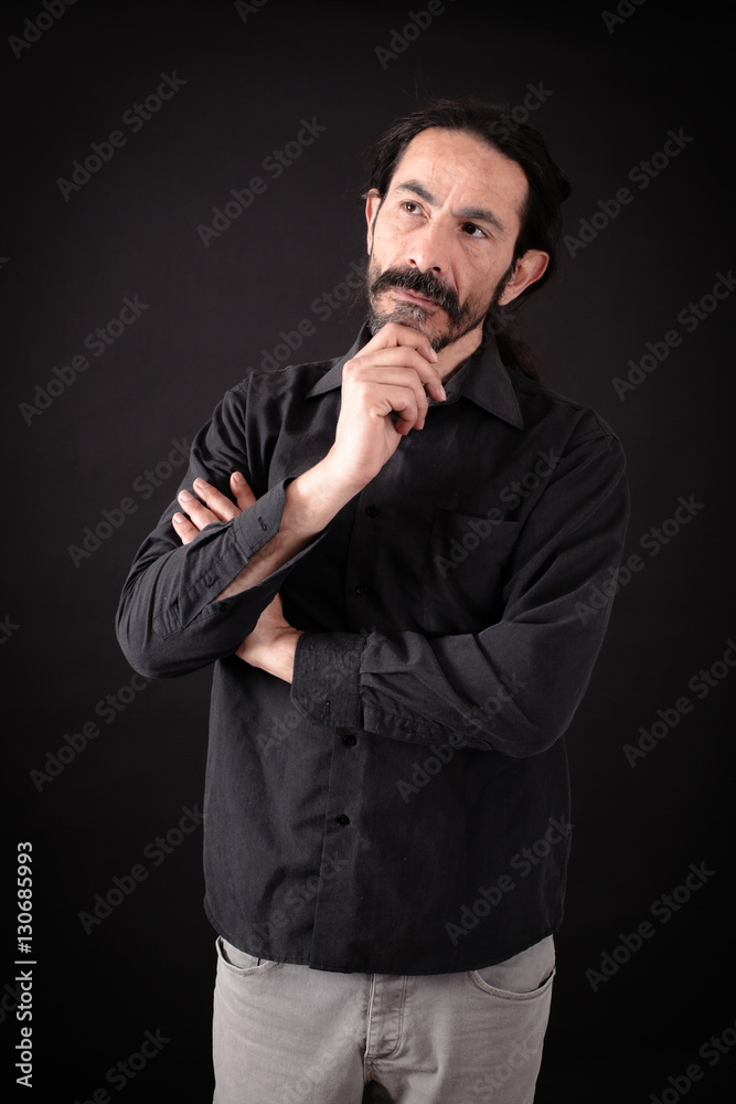 Handsome man doing different expressions in different sets of clothes: thinking Handsome man doing different expressions in different sets of clothes: thinking