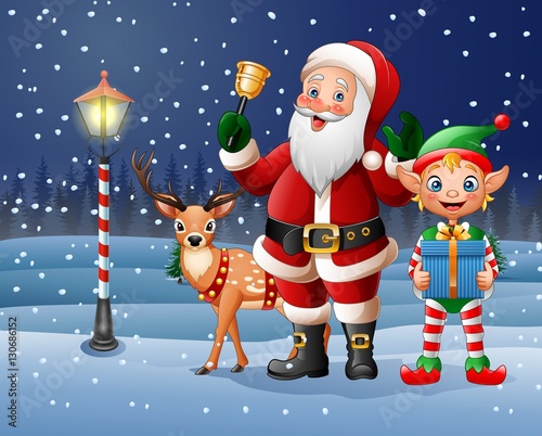 Christmas background with Santa Claus, deer and elf 