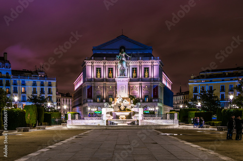 Teatro Real at night in Plaza de Oriente located in front of the Palacio Real in Madrid