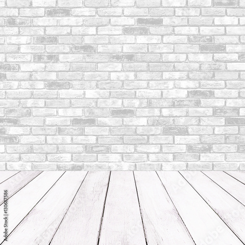 Wooden white balcony and brick wall background © phatthanit
