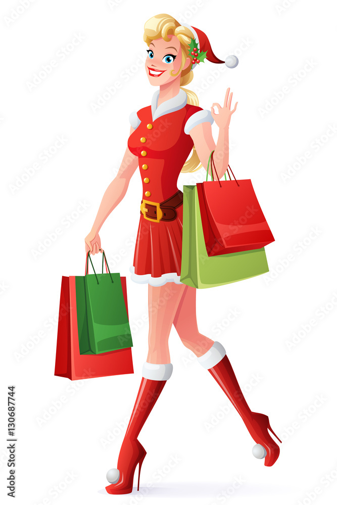 Vector pretty woman in Santa outfit shopping and showing OK.