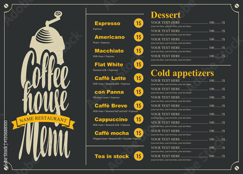menu with price list for the coffee house with a grinder