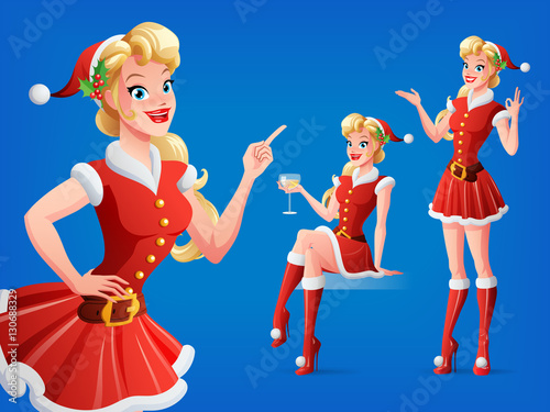 Pretty woman in Santa outfit in various poses. Vector set.