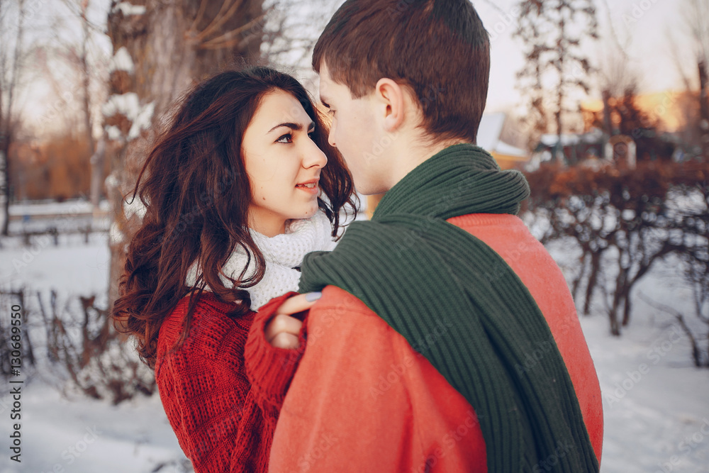 Fototapeta premium Couple love snow and cold