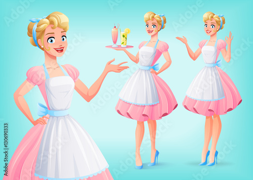 Cute smiling housewife in apron in various poses. Vector set.
