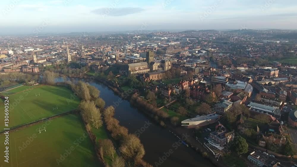 Aerial view flying towards Worcester city centre, UK. Aerial view flying towards Worcester city centre, UK.