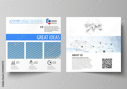 Business templates for square design brochure, flyer, annual report. Leaflet cover, vector layout. Blue color abstract infographic background with lines, symbols, charts, diagrams and other elements.