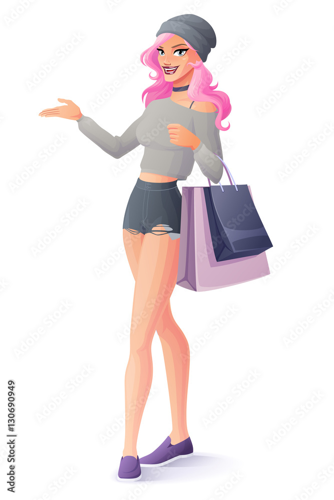 Vector beautiful pink hair young woman with shopping bags presenting.