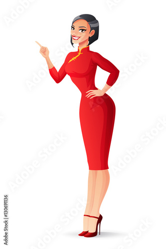 Vector beautiful smiling Chinese woman with finger pointing up.