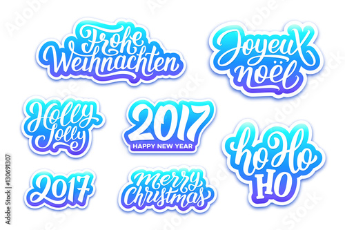 Merry Christmas and Happy New Year 2017 vector blue labels set with english, french and german greetings text. Holly jolly, Ho-ho-ho, Joyeux Noel and Frohe Weihnachten hand lettering on stickers