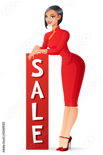 Vector beautiful Asian lady standing with vertical sale banner.