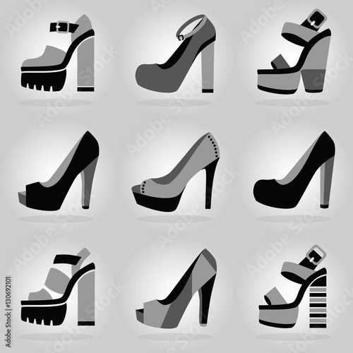 Women trendy platform high heel shoes icons set on gray gradient background