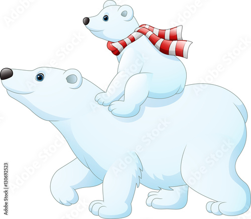 Cartoon baby polar bear riding on her mother's back 