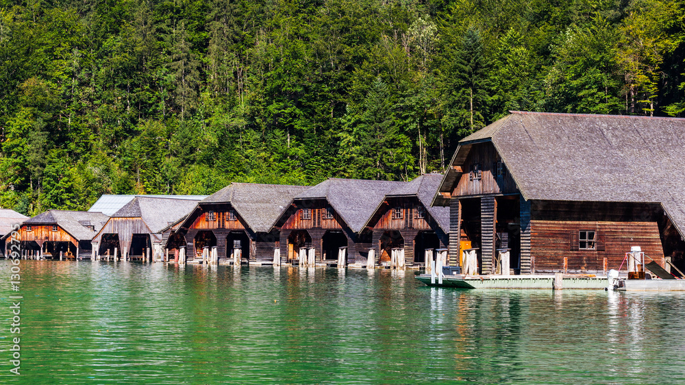 Boathouse on green water Konigsee mountain lake, Berchtesgaden National Park, German Boathouse on green water Konigsee mountain lake, Berchtesgaden National Park, German