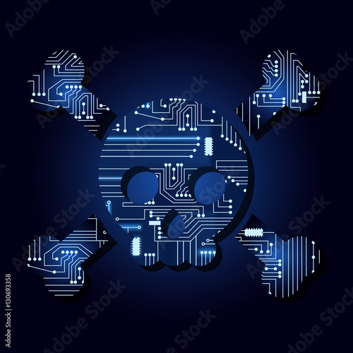Skull shape with a technological electronics circuit..