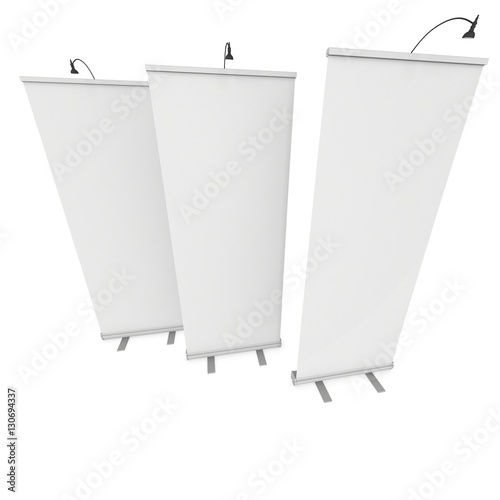 Blank Roll Up Banner Stands with different angles. Trade show booth white and blank. 3d render isolated on white background. High Resolution Template for your design.