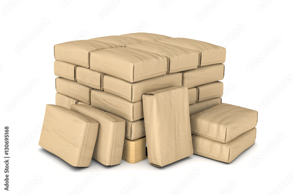 Rendering of light brown paper sacks piled on wooden pallet Rendering of light brown paper sacks piled on wooden pallet