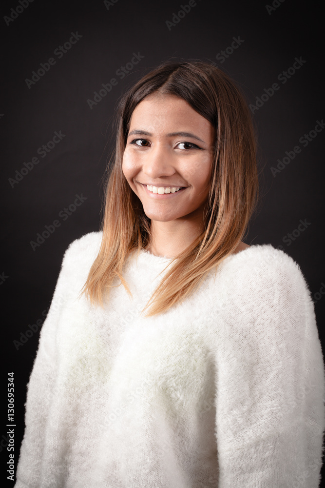Beautiful woman doing different expressions in different sets of clothes: love Beautiful woman doing different expressions in different sets of clothes: love