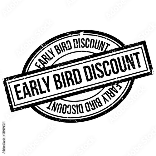 Early Bird Discount rubber stamp. Grunge design with dust scratches. Effects can be easily removed for a clean, crisp look. Color is easily changed.