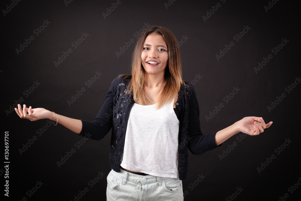 Beautiful woman doing different expressions in different sets of clothes: joy Beautiful woman doing different expressions in different sets of clothes: joy