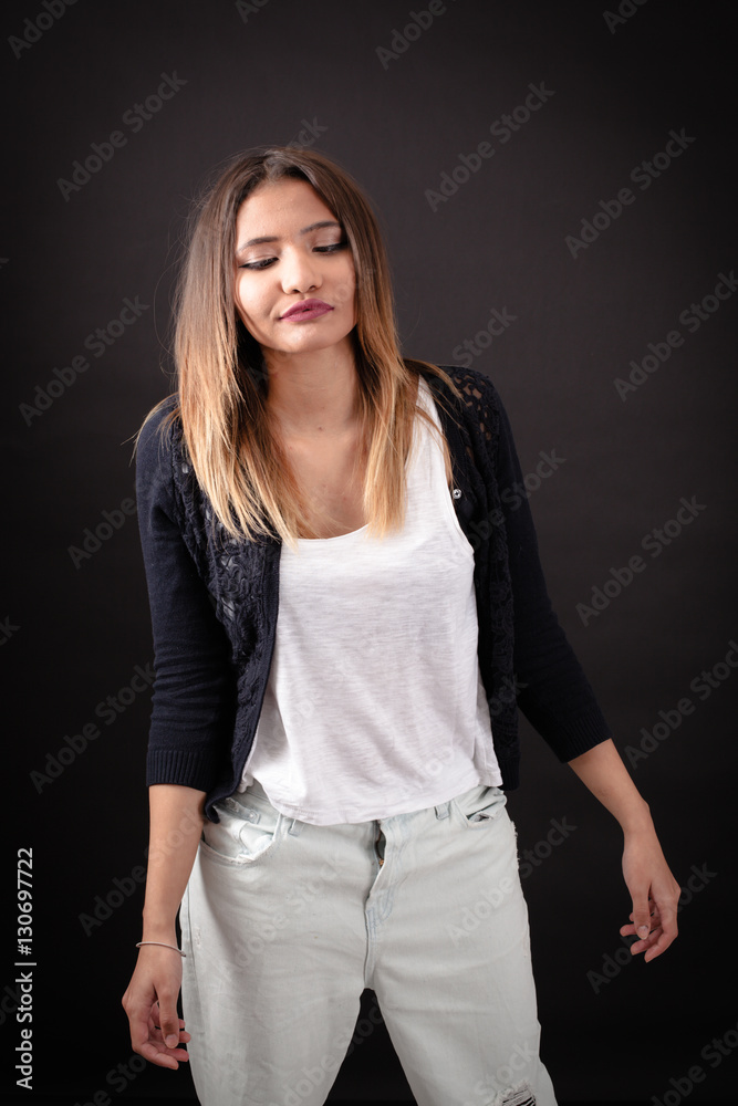 Beautiful woman doing different expressions in different sets of clothes: drunk Beautiful woman doing different expressions in different sets of clothes: drunk