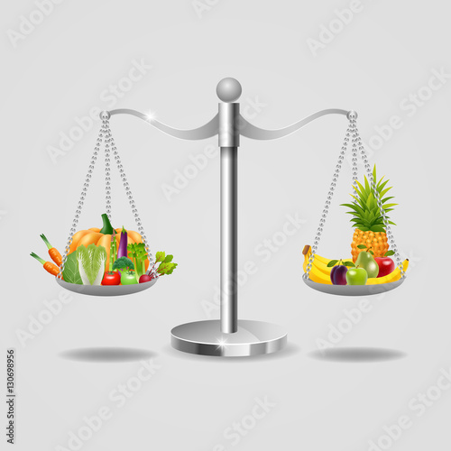Set of fruits and vegetables in the balance, for your ideas. vector illustration