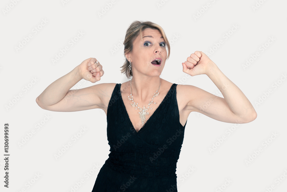 Beautiful woman doing different expressions in different sets of clothes: wake up Beautiful woman doing different expressions in different sets of clothes: wake up