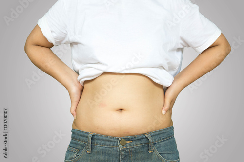 Woman belly fat isolated on grey background © sirnength88