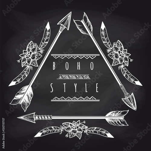 Boho style triangle frame from drawing arrows and feathers on blackboard background. Vector illustration