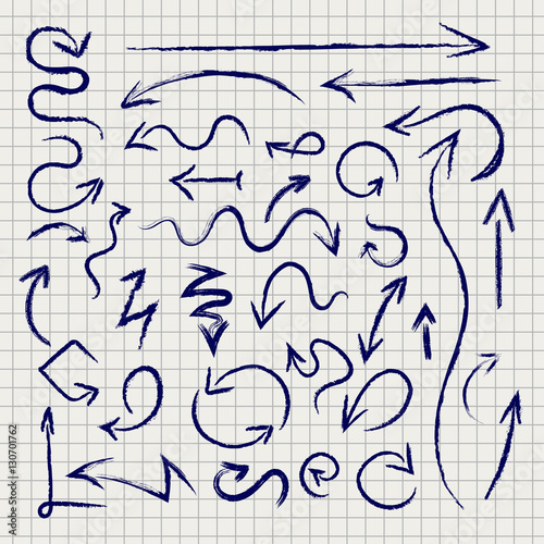 Hand drawn grunge arrows set on notebook page background. Vector illustration