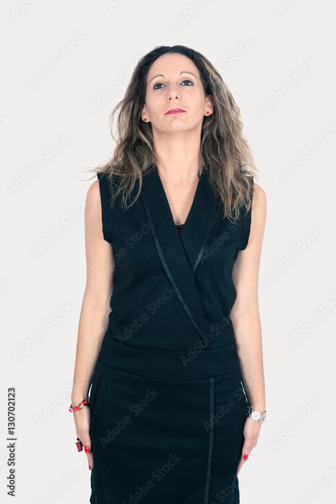 Beautiful woman doing different expressions in different sets of clothes at attention Beautiful woman doing different expressions in different sets of clothes at attention