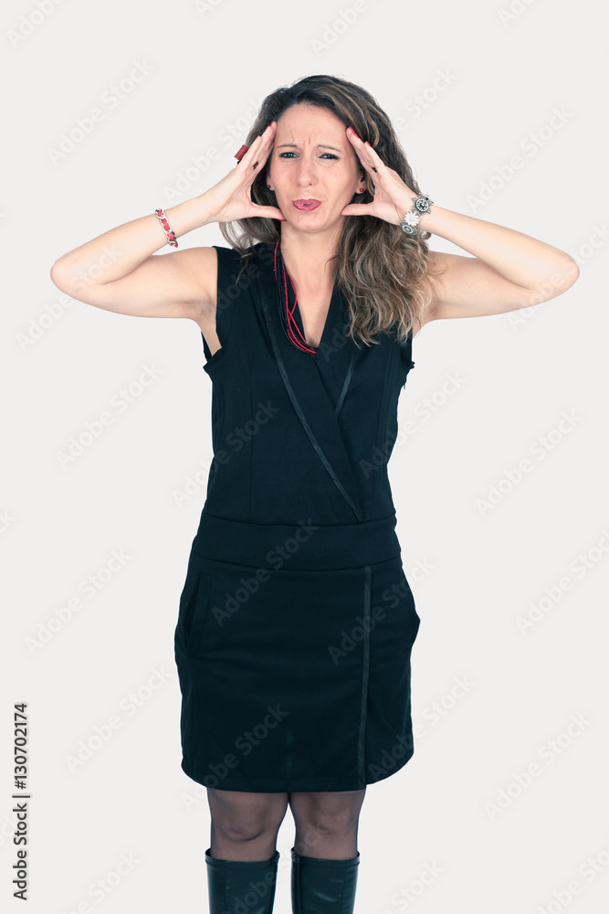 Beautiful woman doing different expressions in different sets of clothes headache Beautiful woman doing different expressions in different sets of clothes headache