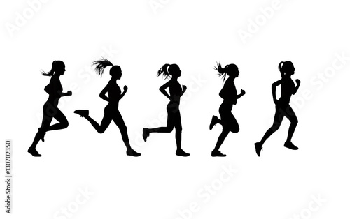 Set of women   s running action silhouettes.