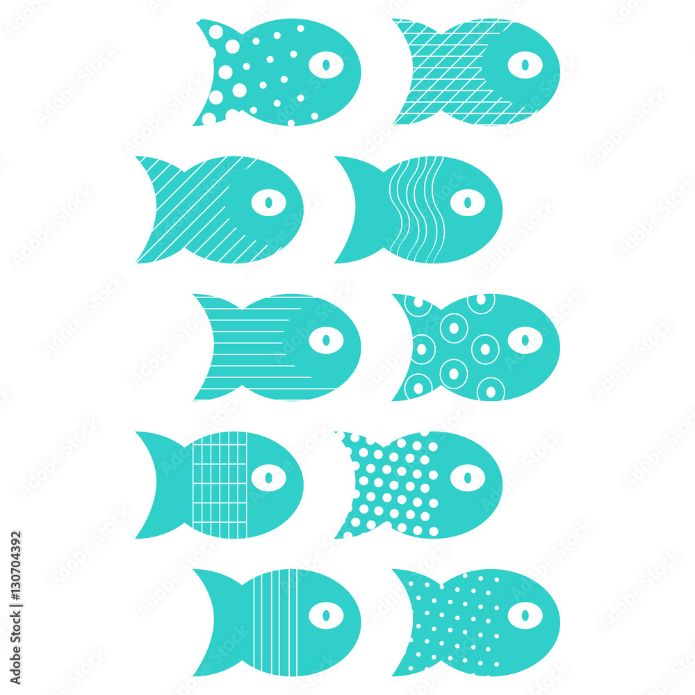 Simple flat fish set of elements for fabric textile design, pillows, wallpapers,cloth,bags,scrapbook paper. Vector illustration