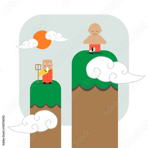 vector illustration of cute cartoon shaolin monk character design and mountain flat scene design