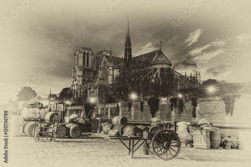 Docks of Notre Dame Cathedral in Paris with old barrels, France - intentional noise  © Netfalls