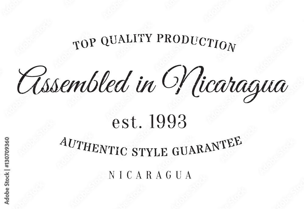 Fototapeta premium Assembled in Nicaragua rubber stamp. Grunge design with dust scratches. Effects can be easily removed for a clean, crisp look. Color is easily changed.