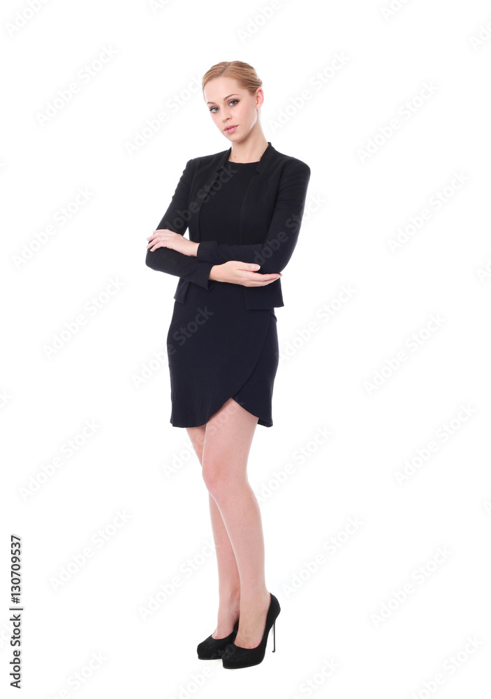 full length portrait of young woman wearing black professional office outfit. standing pose, isolated against white background. full length portrait of young woman wearing black professional office outfit. standing pose, isolated against white background.