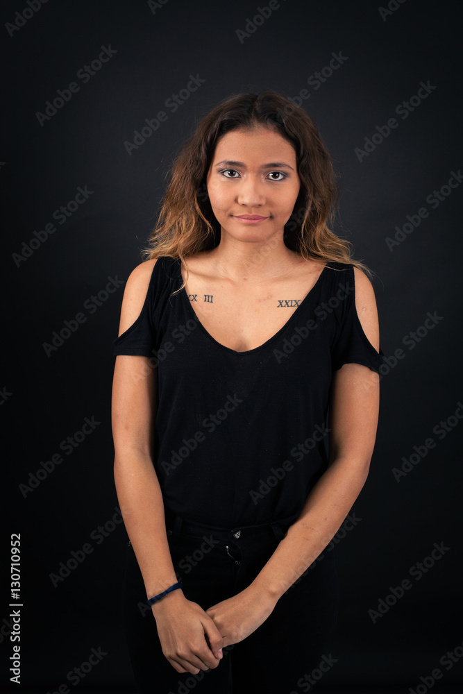 Beautiful woman doing different expressions in different sets of clothes: thinking Beautiful woman doing different expressions in different sets of clothes: thinking