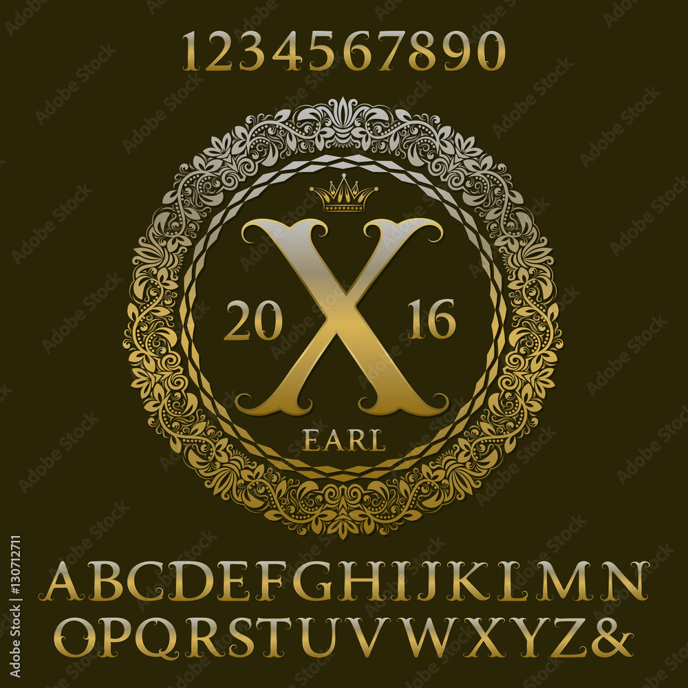 Golden letters and numbers with initial monogram. Royal font and ...