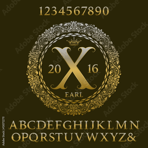 Golden letters and numbers with initial monogram. Royal font and elements kit for logo design.