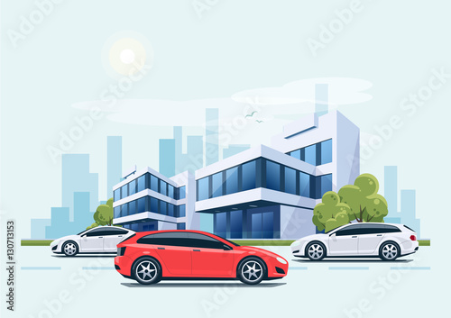 Fototapeta Naklejka Na Ścianę i Meble -  Street Road with Cars in front of Office Buildings and City Back